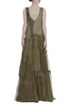 Shop_Urvashi Kaur_Green Linen Embroidery V-neck Noil Tiered Ikat Print Gown _Online_at_Aza_Fashions