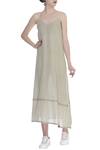 Buy_Urvashi Kaur_Gray Cotton Metallic Thread V-neck Striped V Slip Dress _at_Aza_Fashions