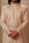 Vanshik_Beige Base Fabric Silk Satin Blend Embroidered Sherwani Set _Online_at_Aza_Fashions