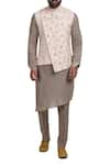 Buy_Poonam Kasera_Grey Moonga Dupion Floral Embroidered Overlap Jacket With Kurta And Pant  _at_Aza_Fashions