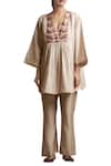 Buy_Sue Mue_Beige Tussar Georgette Embroidered V Neck Tunic With Overlap Yoke _at_Aza_Fashions