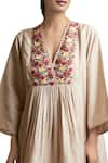 Sue Mue_Beige Tussar Georgette Embroidered V Neck Tunic With Overlap Yoke _Online_at_Aza_Fashions