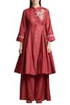 Buy_Sue Mue_Red Embroidery Band Collar Kurta Palazzo Set With Floral Motifs _at_Aza_Fashions