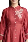 Sue Mue_Red Embroidery Band Collar Kurta Palazzo Set With Floral Motifs _Online_at_Aza_Fashions