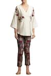 Buy_Sue Mue_Off White Tussar-georgette Embroidered Resham V Neck Floral Overlap Tunic _at_Aza_Fashions