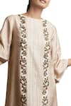 Sue Mue_Beige Tussar-georgette Embroidered Floral Motif Tunic Dress With Cut Work And _Online_at_Aza_Fashions