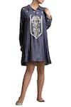 Buy_Sue Mue_Blue Tussar-georgette Embroidered Thread Collared Tunic Dress _at_Aza_Fashions