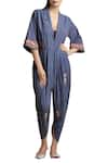 Buy_Sue Mue_Blue Notched Lapel Handloom Cotton Jumpsuit _at_Aza_Fashions