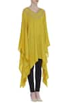 Bohame_Yellow V Neck Embroidered Asymmetric Kaftan _Online_at_Aza_Fashions