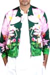 MR. Ajay Kumar_Green Cotton Silk Lycra Floral Flower Printed Bomber Jacket _Online_at_Aza_Fashions
