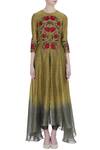 Shop_Incheetape_Grey Silk Linen Embroidered Thread And Zari Work Round Neck Kurta With Dhoti Pants _Online_at_Aza_Fashions