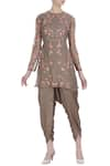 Buy_Incheetape_Brown Organza Embroidered Thread And Zari Work Round Neck Top With Dhoti Pants _at_Aza_Fashions