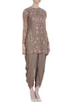 Incheetape_Brown Organza Embroidered Thread And Zari Work Round Neck Top With Dhoti Pants _Online_at_Aza_Fashions