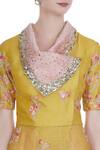 Incheetape_Yellow Silk Linen Embroidered Floral Applique Overlap Collar Kurta Set _at_Aza_Fashions