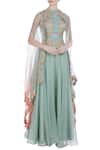 Buy_Incheetape_Blue Cotton Slub Embroidered Border Detailed Cape With Corset And Flared Skirt _at_Aza_Fashions