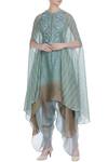 Buy_Incheetape_Blue Chanderi Embroidered Floral Applique Flower Motif Cape Top With Dhoti Pants _at_Aza_Fashions