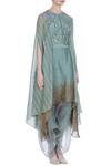 Incheetape_Blue Chanderi Embroidered Floral Applique Flower Motif Cape Top With Dhoti Pants _Online_at_Aza_Fashions