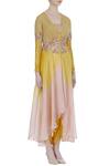 Incheetape_Yellow Silk Linen Embroidered Thread And Stone Work V Neck Kurta Set _Online_at_Aza_Fashions