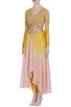 Buy_Incheetape_Yellow Silk Linen Embroidered Thread And Stone Work V Neck Kurta Set _Online_at_Aza_Fashions