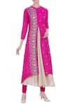 Buy_Manasi Sengupta_Pink Matka Linen Embroidered Thread Mandarin Collar Kurta Set  _at_Aza_Fashions