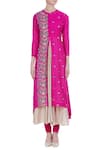 Shop_Manasi Sengupta_Pink Matka Linen Embroidered Thread Mandarin Collar Kurta Set  _Online_at_Aza_Fashions