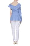 Shop_Babita Malkani_Blue Silk Ruffle V Neck Drop Shoulder Corset Blouse _at_Aza_Fashions