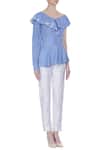 Babita Malkani_Blue Silk Ruffle V Neck Drop Shoulder Corset Blouse _Online_at_Aza_Fashions