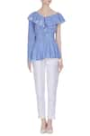 Shop_Babita Malkani_Blue Silk Ruffle V Neck Drop Shoulder Corset Blouse _Online_at_Aza_Fashions