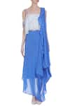 Shop_Babita Malkani_Blue Silk Embroidered Thread Square Ruffle Tassel Blouse With Draped Saree Skirt_Online_at_Aza_Fashions