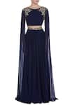 Pooja Peshoria_Blue Georgette Embroidered Floral Hand Cutdana And Pearl Lehenga With Blouse _Online_at_Aza_Fashions