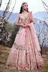 Buy_Dolly J_Pink Raw Silk Embroidered Floral Motifs V Neck Cyan Dust Bridal Lehenga Set _at_Aza_Fashions