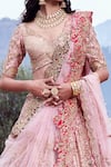 Shop_Dolly J_Pink Raw Silk Embroidered Floral Motifs V Neck Cyan Dust Bridal Lehenga Set _at_Aza_Fashions