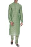 Buy_Krishna Mehta_Green Cotton Silk Blend Block Printed Kurta With Embroidered Placket _at_Aza_Fashions