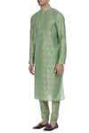 Buy_Krishna Mehta_Green Cotton Silk Blend Block Printed Kurta With Embroidered Placket _Online_at_Aza_Fashions