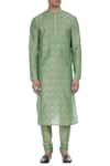 Shop_Krishna Mehta_Green Cotton Silk Blend Block Printed Kurta With Embroidered Placket _Online_at_Aza_Fashions