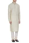 Krishna Mehta_Beige Cotton Silk Print Block Embroidered Kurta _Online_at_Aza_Fashions