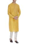 Buy_Krishna Mehta_Yellow Silk Print Block Kurta With Button Placket _at_Aza_Fashions