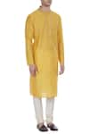 Krishna Mehta_Yellow Silk Print Block Kurta With Button Placket _Online_at_Aza_Fashions