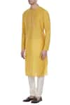 Buy_Krishna Mehta_Yellow Silk Print Block Kurta With Button Placket _Online_at_Aza_Fashions