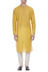 Shop_Krishna Mehta_Yellow Silk Print Block Kurta With Button Placket _Online_at_Aza_Fashions