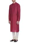 Buy_Krishna Mehta_Red Tussar Silk Embroidery Thread Block Printed Kurta With Churidar _Online_at_Aza_Fashions