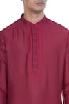 Krishna Mehta_Red Tussar Silk Embroidery Thread Block Printed Kurta With Churidar _at_Aza_Fashions