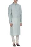 Krishna Mehta_Blue Tussar Silk Embroidery Thread Block Printed Kurta Set _Online_at_Aza_Fashions