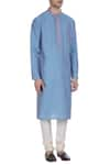 Krishna Mehta_Blue Cotton Silk Block Printed Kurta With Embroidered Placket _Online_at_Aza_Fashions