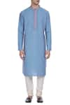 Shop_Krishna Mehta_Blue Cotton Silk Block Printed Kurta With Embroidered Placket _Online_at_Aza_Fashions