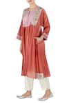 Buy_Latha Puttanna_Orange Chanderi Thread Work Round Neck Asymmetric Tunic With Pant _at_Aza_Fashions
