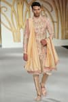 Buy_Varun Bahl_Peach Raw , Spun Floral And Thread Work Embroidered Sherwani Set_at_Aza_Fashions