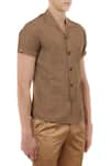 Lacquer Embassy_Brown Linen Plain Cuban Collar Shirt _Online_at_Aza_Fashions