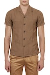 Shop_Lacquer Embassy_Brown Linen Plain Cuban Collar Shirt _Online_at_Aza_Fashions