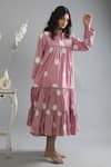 Buy_KHAT_Pink Twill Cotton Printed Polka Pattern V Neck Collar Tiered Dress _Online_at_Aza_Fashions